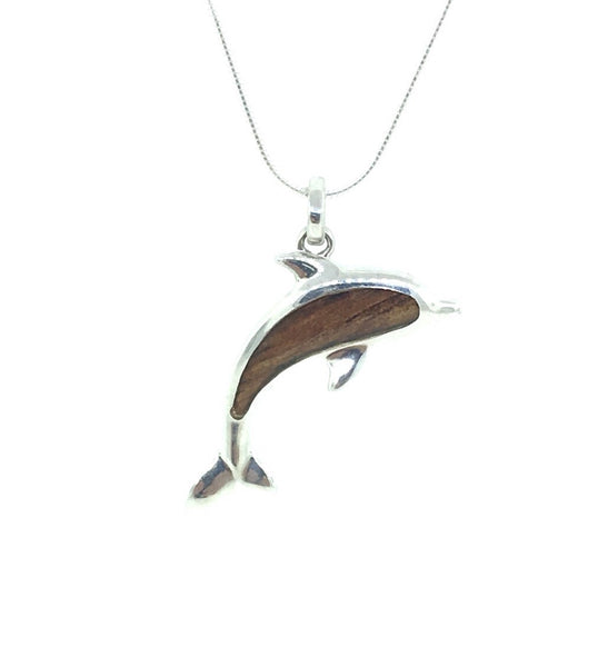 Hawaiian Koa Wood and sterling silver dolphin pendant