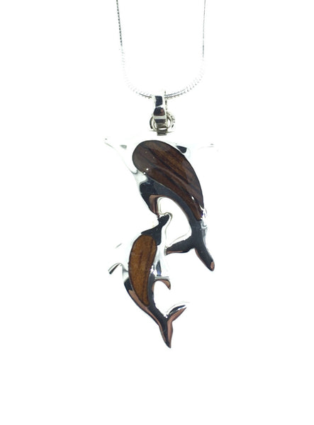 Double Dolphin Cocobolo Wood and sterling silver pendant