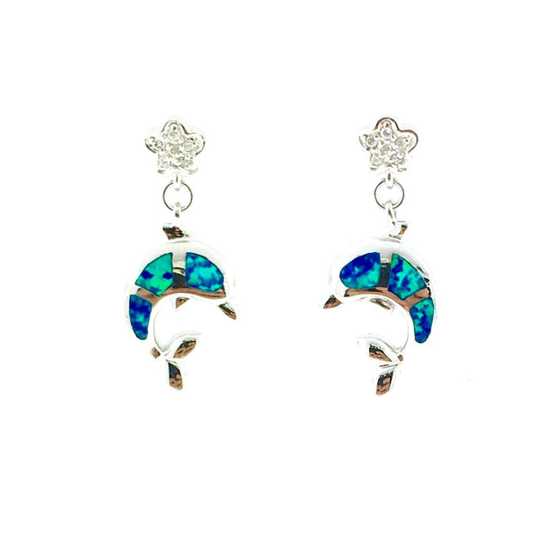 Silver and opal dolphin earrings