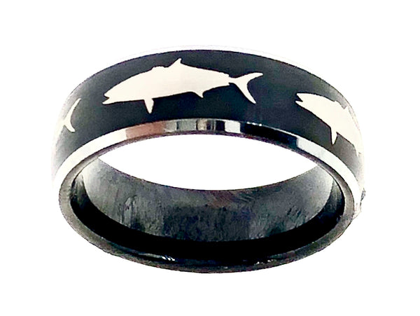 8MM Black and Silver Tungsten Domed Yellowtail Ring
