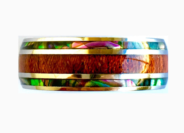 Hawaiian Koa Wood and Abalone Stainless Steel Ring