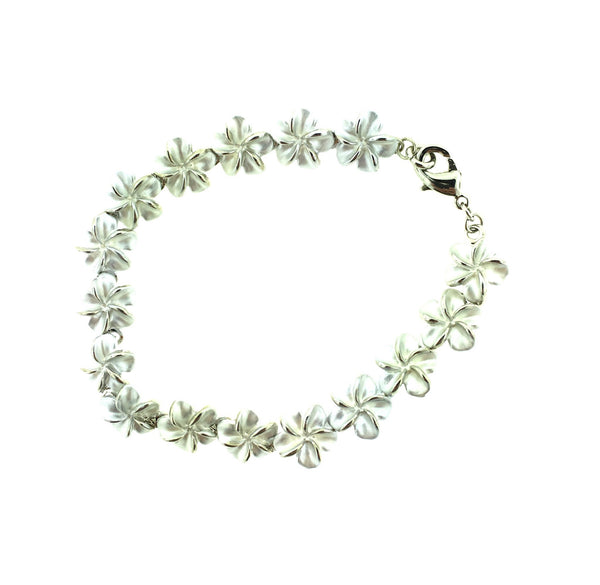 Platinum plated enameled plumeria bracelet with lobster claw clap