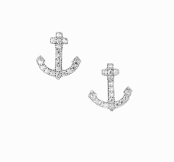 Silver and CZ stud anchor earrings