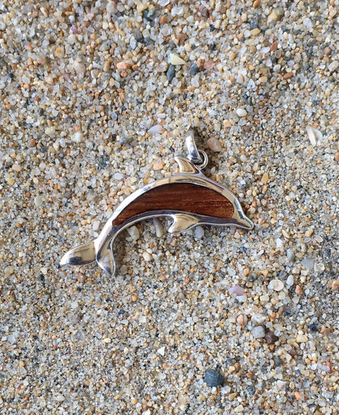 Hawaiian Koa Wood and sterling silver dolphin pendant