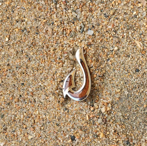 Small Hawaiian Koa Wood and sterling silver fish hook pendant