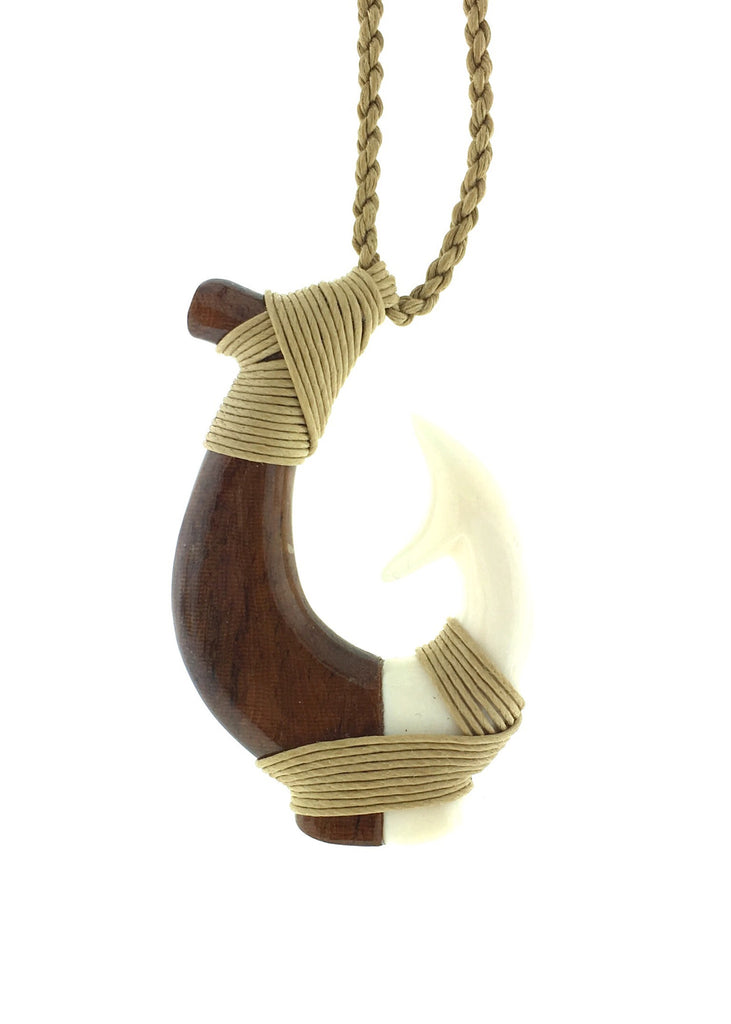 Wood and bone Hawaiian hook necklace – Blue Wave