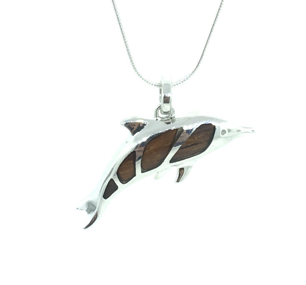 Hawaiian Koa Wood and sterling silver spinner dolpin pendant