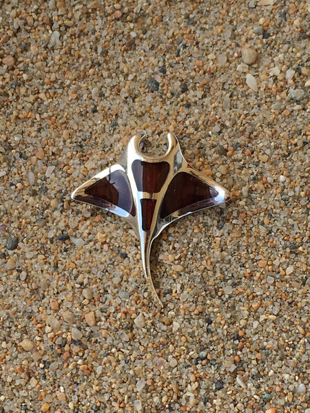 Dark Cocobolo wood and Sterling silver manta ray pendant
