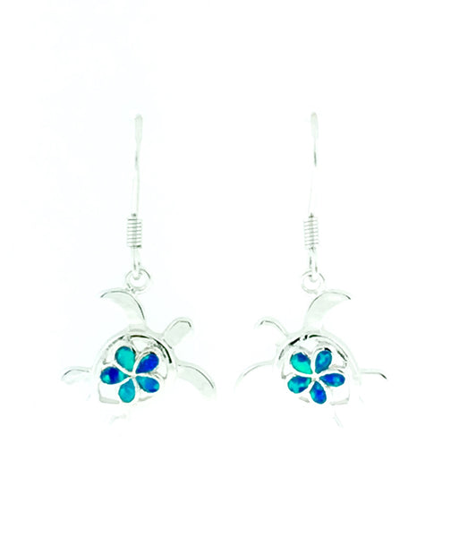 Silver turtle earrings with opal plumeria