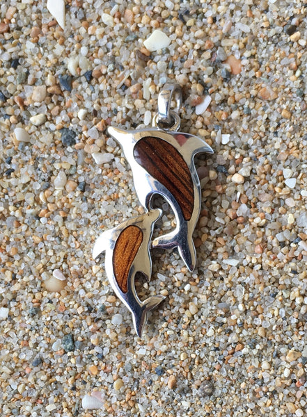 Double Dolphin Cocobolo Wood and sterling silver pendant