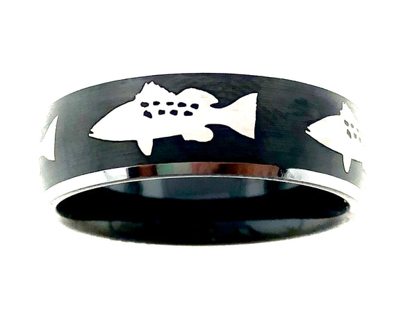 8MM Black and Silver Tungsten Calico Bass Ring