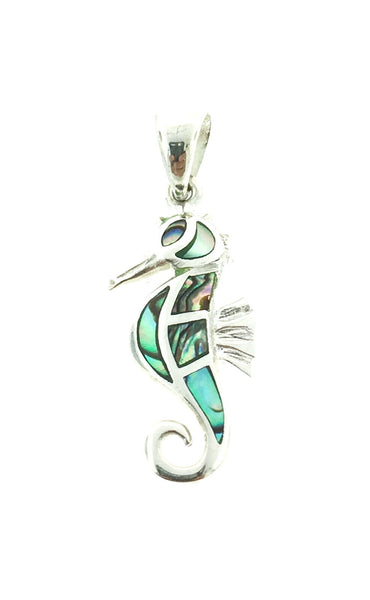 Silver Paua shell sea horse pendant