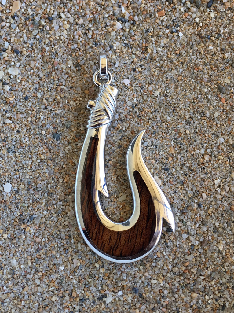 Large Cocobolo wood and sterling silver Hawaiian fish hook pendant – Blue  Wave