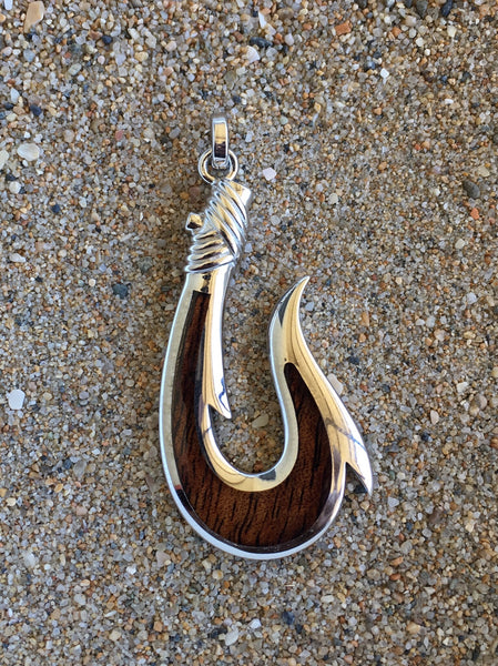 Large Cocobolo wood and sterling silver Hawaiian fish hook pendant