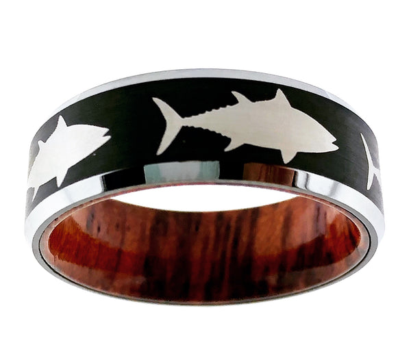 8MM Black and Silver Tungsten Tuna Ring With Wood