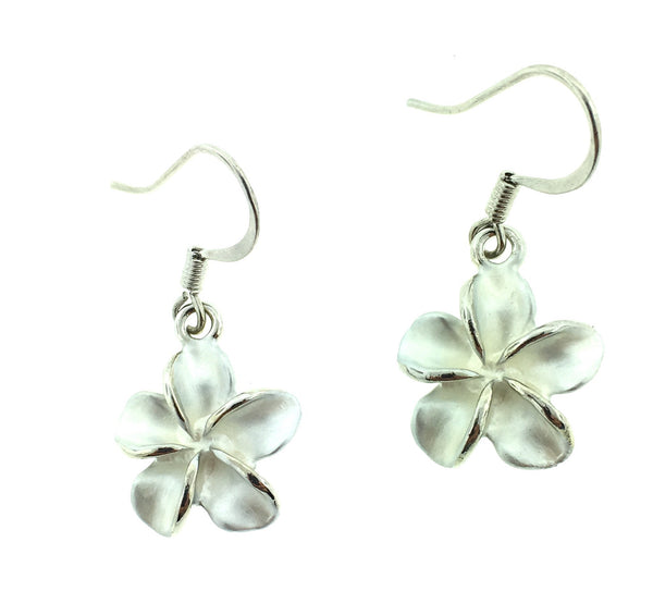 Platinum plated enameled plumeria earrings with French hooks