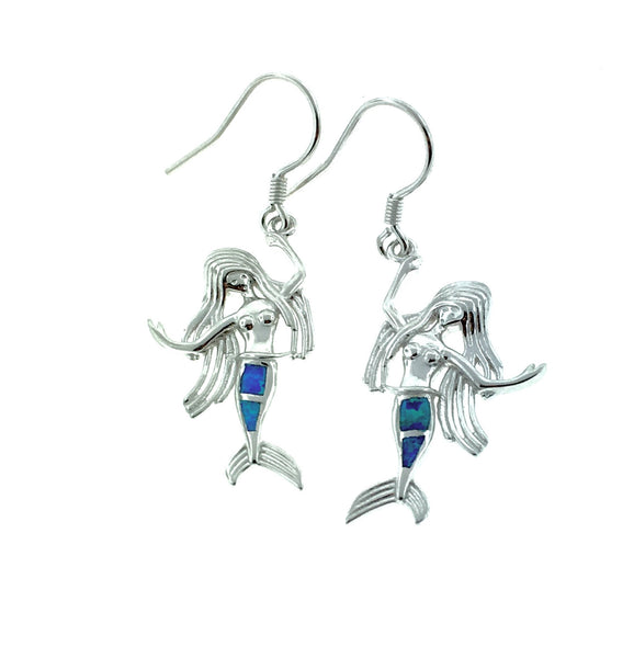 Silver and blue-green opal mermaid earrings