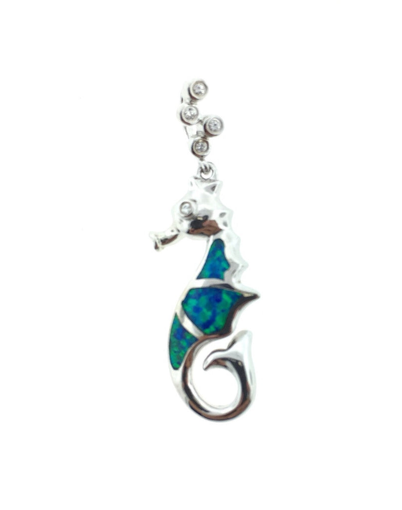 Silver and opal sea horse pendant with CZ's