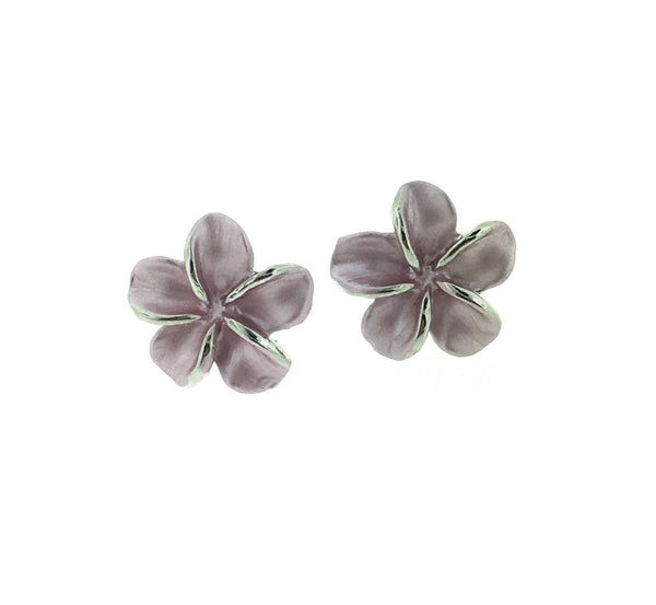 Platinum plated plumeria earrings with posts.