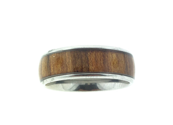 Hawaiian Koa wood and stainless steel ring with wide wood inlay