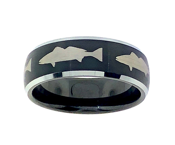 8MM Black and Silver Tungsten White Sea Bass Ring