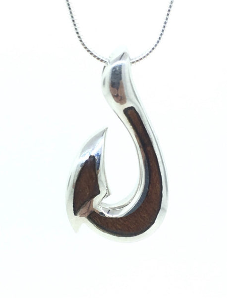 Small Hawaiian Koa Wood and sterling silver fish hook pendant