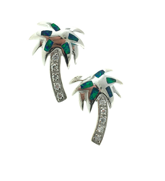 Silver and opal palm tree earrings
