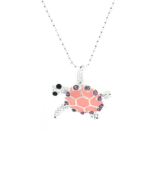 Pink Enameled Turtle Necklace